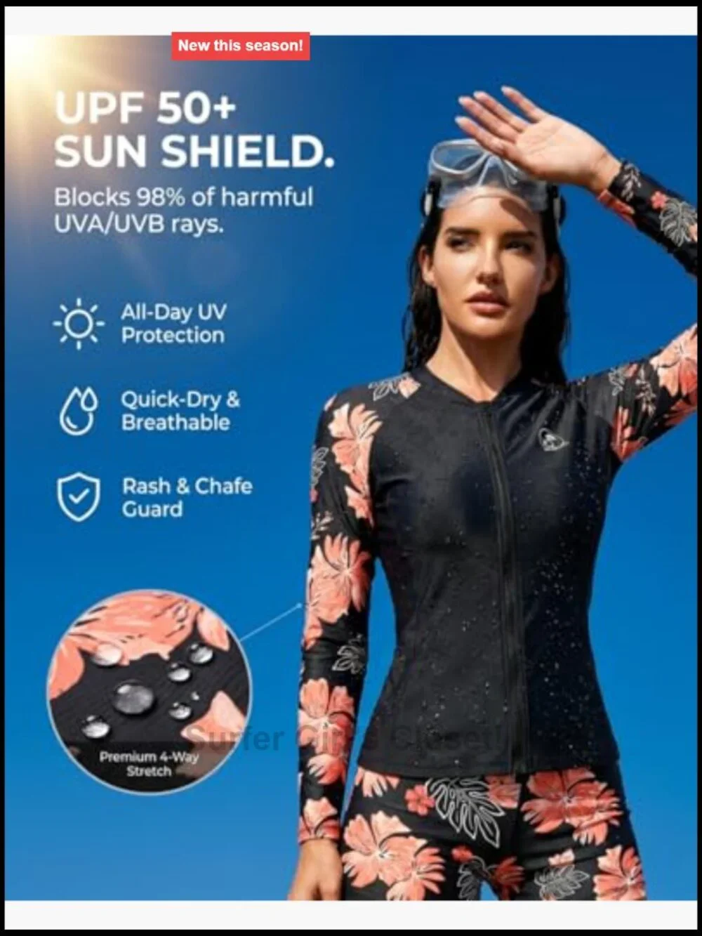 UPF 50+ 3 Piece Rash Guard Set with Full Zip and Built-In Bra